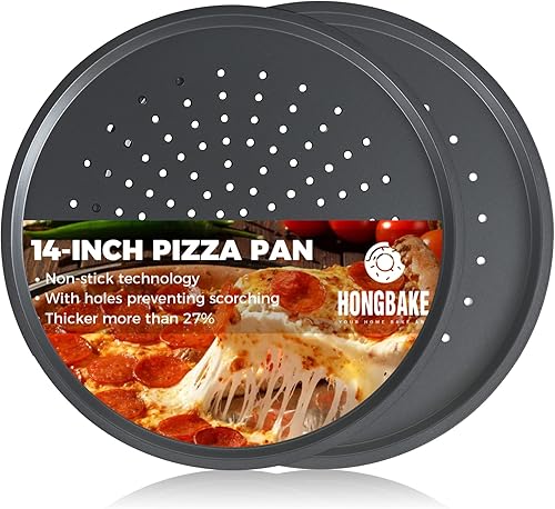 HONGBAKE Sartén para pizza de 14 pulgadas con agujeros, paquete de 2 sartenes antiadherentes para horno, bandeja de pizza perforada de acero al