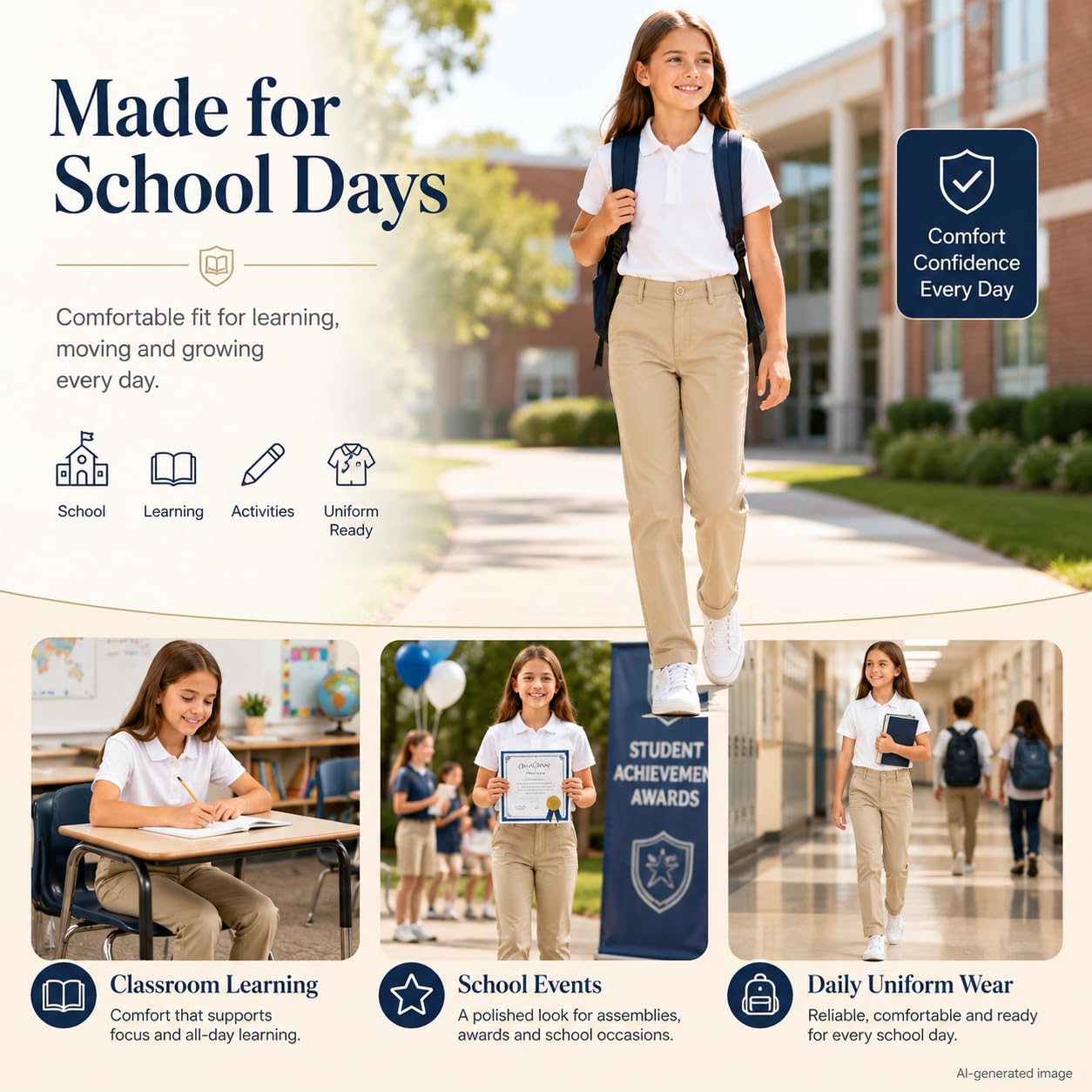 Bienzoe Pantalones de uniforme escolar de algodón elástico con cintura ajustable para niña - beige - 6X