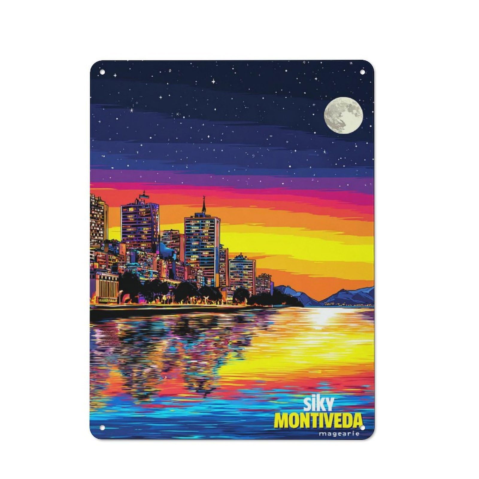 City Lights Reflecting on Water Under Moonlit Sky Country Metal Wall Decor 40x30cm, Tin Wall Plaque for Cottage, Kitchen, Hallway Or Breakfast Nook