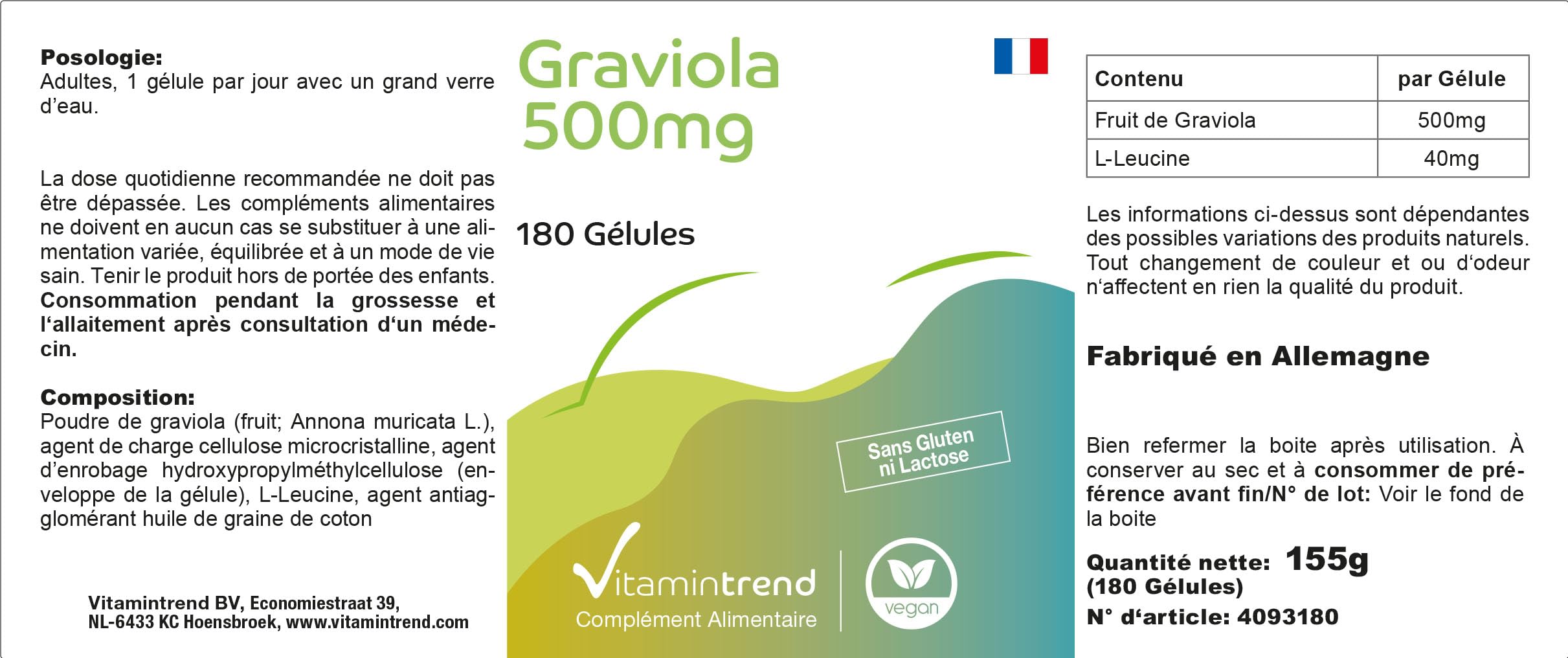 Vitamintrend Graviola hautement dosée 500 mg, 180 gélules, issue du fruit de graviola, annone épineuse, soursop, complément alimentaire végan sans additifs, fabriqué en Allemagne