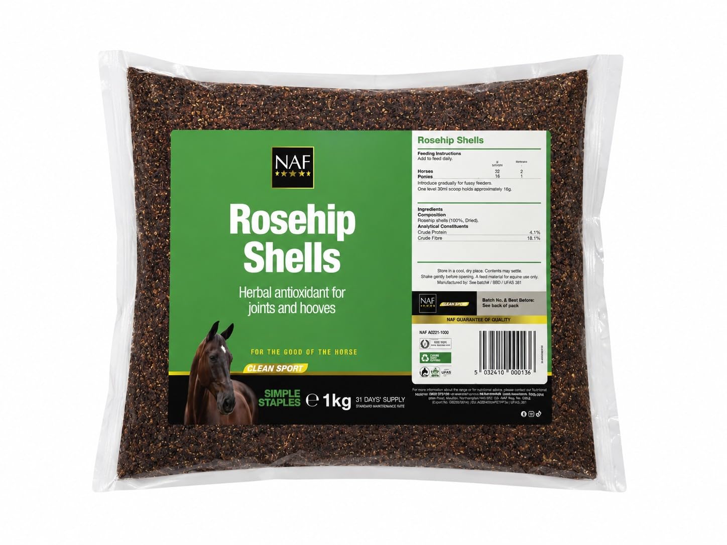 NAF Rosehip Shells 1kg for Horses - 100% Natural Rosehip Supplement - Supports Joint Health, Hoof Condition & Antioxidant Support - Herbal Horse Feed Supplement