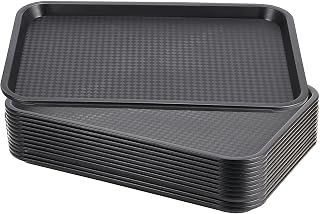 12 Pack 16 x 12 Inch Black Fast Food Tray, Large Rectangular Restaurant Serving Trays, Plastic Cafeteria Trays School Lunch Trays