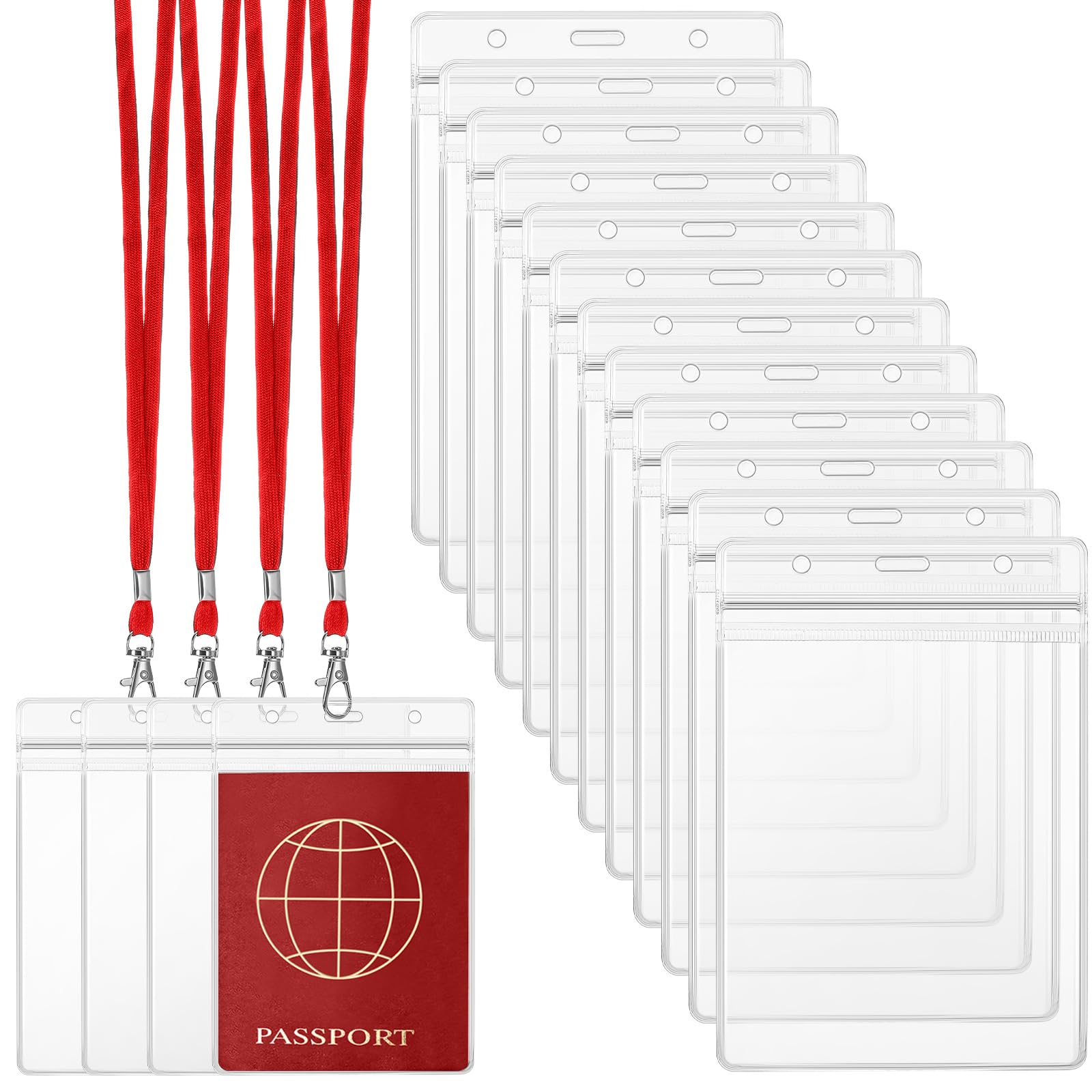 Patelai 50 Pcs 4 x 5.5 Inch Clear Passport Holders with Lanyard Extra Large PVC Card Holder Waterproof Name Badge Holder for Cruise Vacation Credit Card Plane Ticket Receipt (Red)