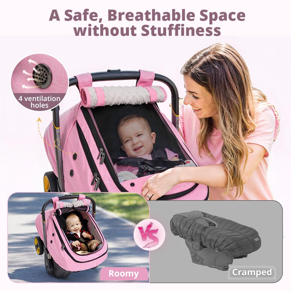 Bioby Waterproof Baby Car Seat Cover, Infant Car Seat Cover for Boy Girl, Roomy Cozy Windproof Sun Protection Baby Carseat Covers Canopy with Breathable Net and Holes, Universal Fitted, Pink - Image 4