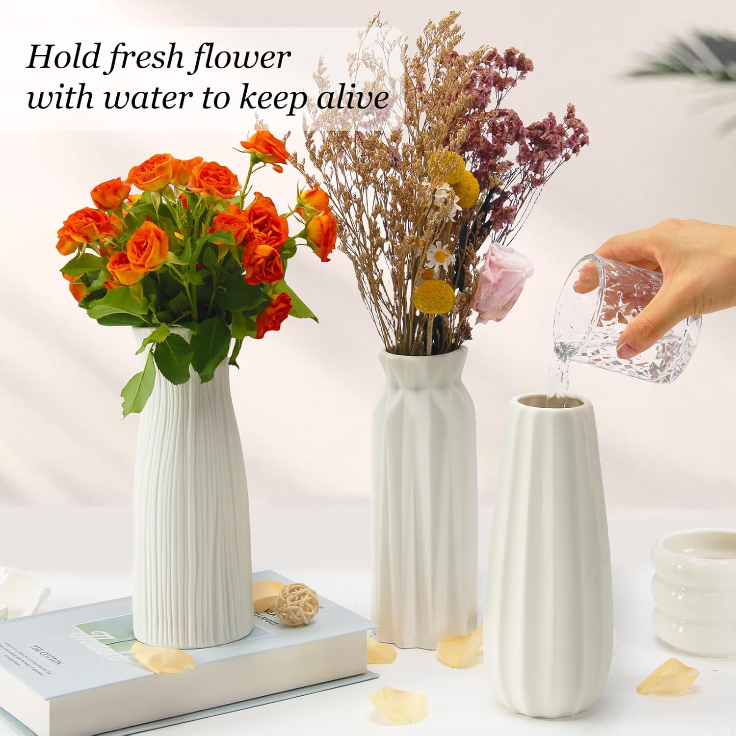 Matte Ceramic Bud Vases Set of 3, BEAHOT White Bulk Vases, Modern Minimalist Boho Farmhouse Decorative for Wedding, Table Centerpiece, Pampas Grass&Dried Flowers, Shelf Decoration