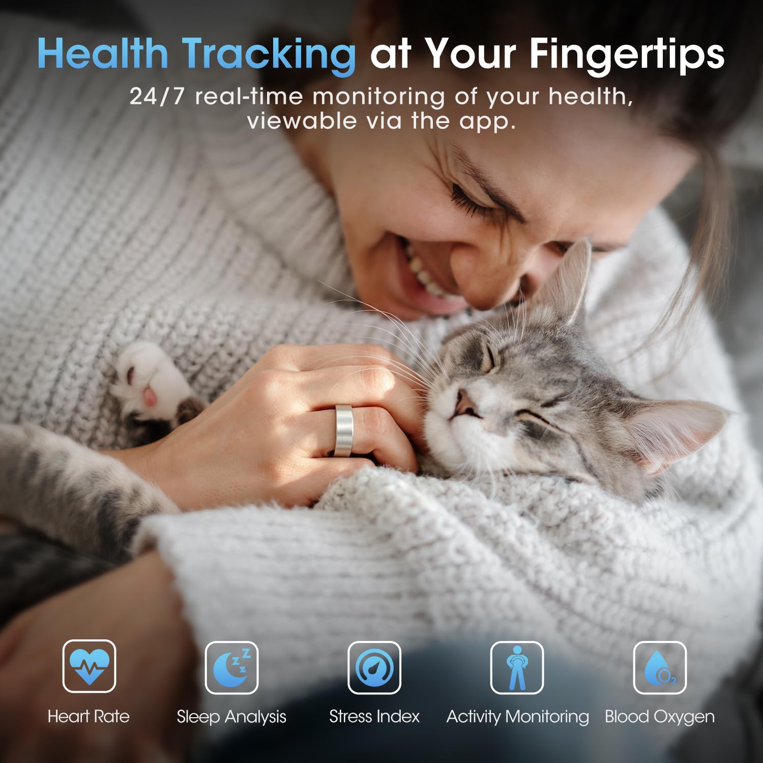 NAIXUES Smart Ring Uomo Donna, Anello Smart Fitness con Controllo Gestuale/Frequenza Cardiaca(HRV)/SpO2/Sonno/170+ Modalità Sport Impermeabil 5ATM, Smartwatch per Android e iOS, Misura 10, Argento