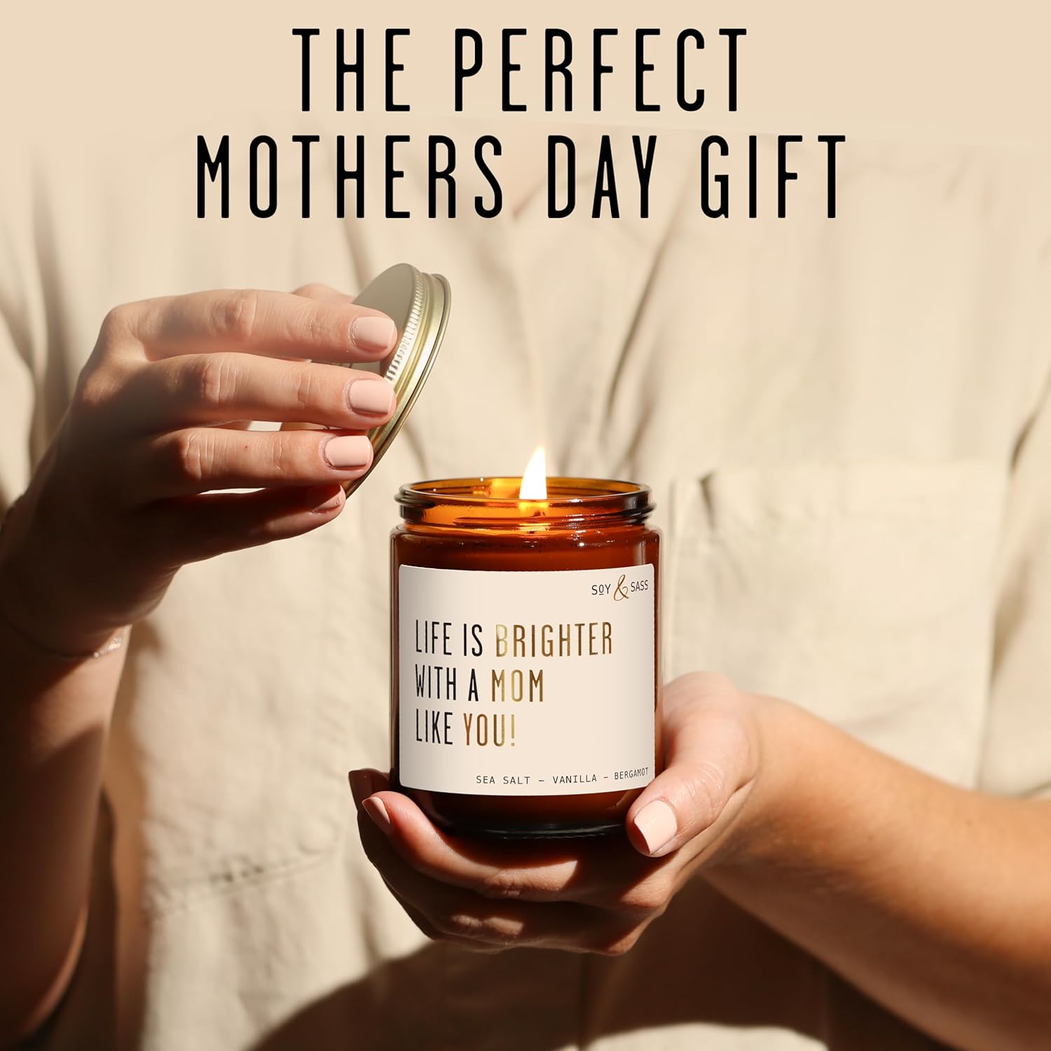 Soy and Sass 'Life is Brighter with a Mom like You' Sweet Fig & Sandalwood Jar Candle, 9 oz, 50 Hr Burn, USA Made - Image 2