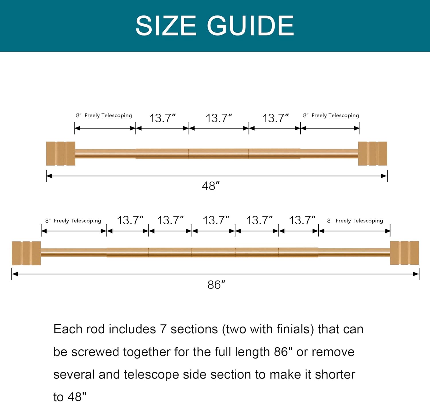 Turquoize 2 Pack Curtain Rods for Windows 48 to 86 Inches Splicing Adjustable Curtain Rods For Bedroom With Gold Lines Square Finials 3/4 Inch Diameter Single Curtain Rods, 2 Pack, (Brass, 48-86)