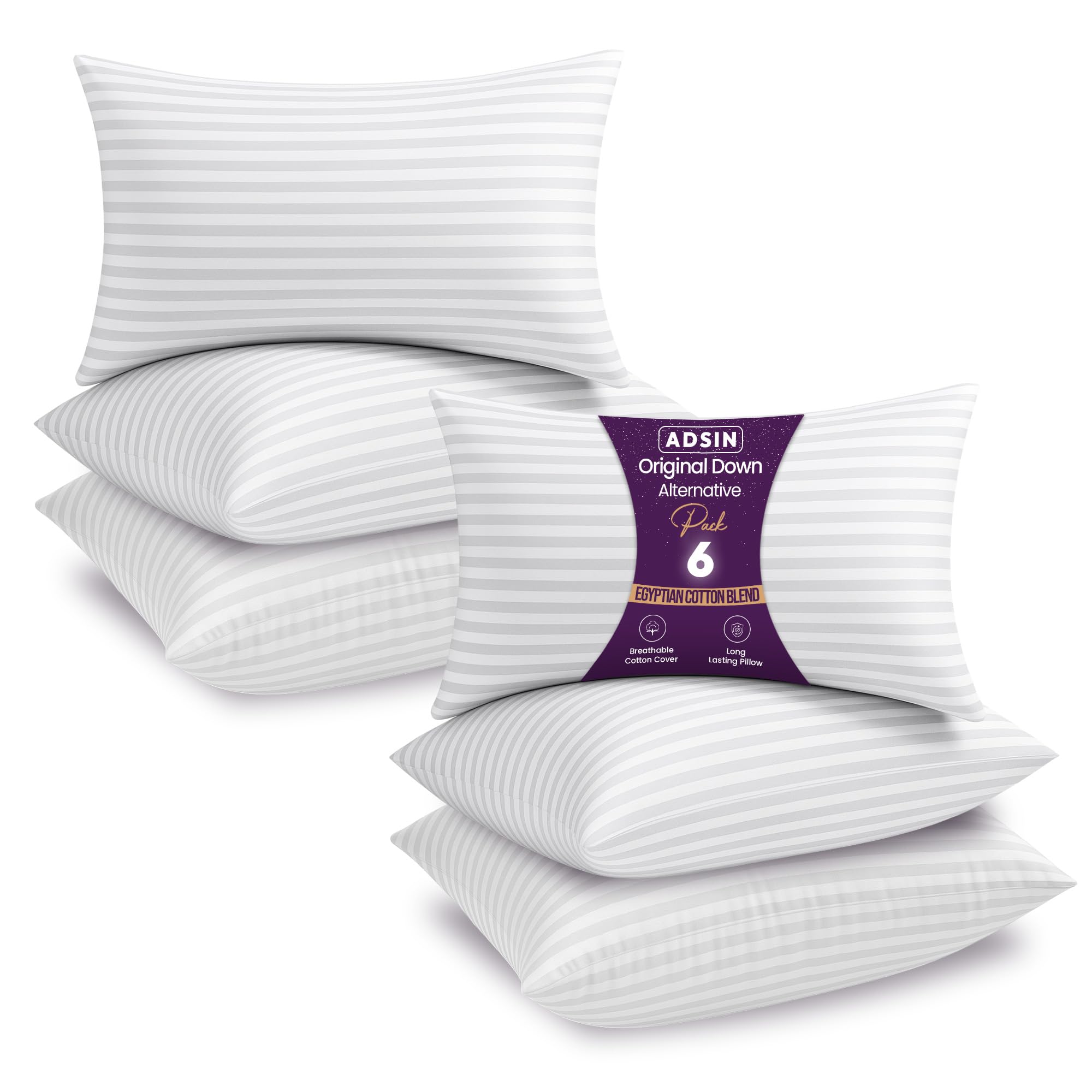 adsin Stripe Bed Pillows, Bounce Back Premium Polyester Hypoallergenic And Dust Mite Resistant Hotel Luxury Sleep Pillows, for Back and Side Sleepers Pillow (Medium, Pack of 6)