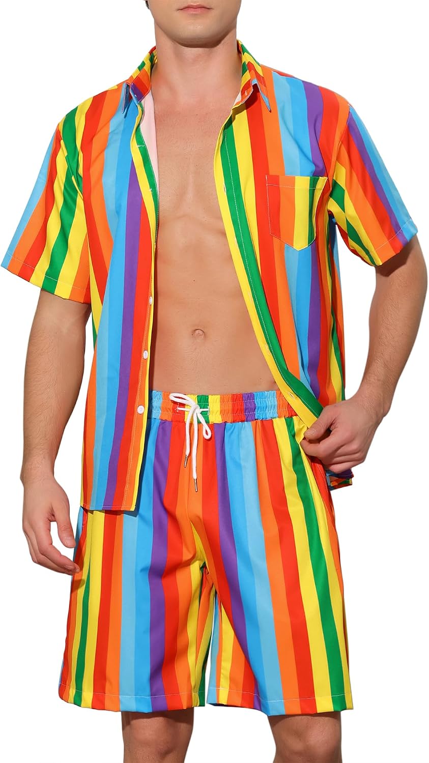 Lars Amadeus Stripe Hawaiian Sets for Men's 2 Pieces Short Sleeves Button Beach Shirt Shorts