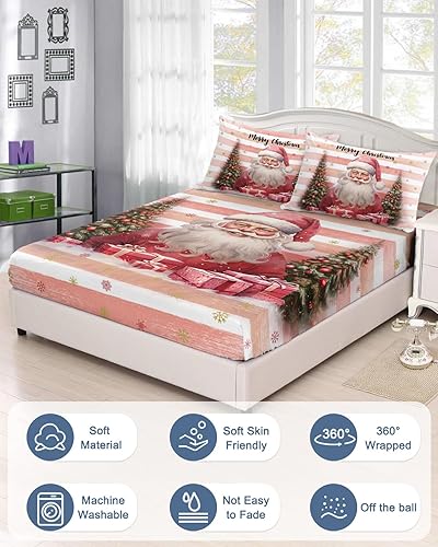 Miniatura 2 de Sábana bajera tamaño Queen con bolsillos profundos, diseño de árbol de Navidad de Papá Noel, rosa y blanco, funda de colchón de microfibra cepillada