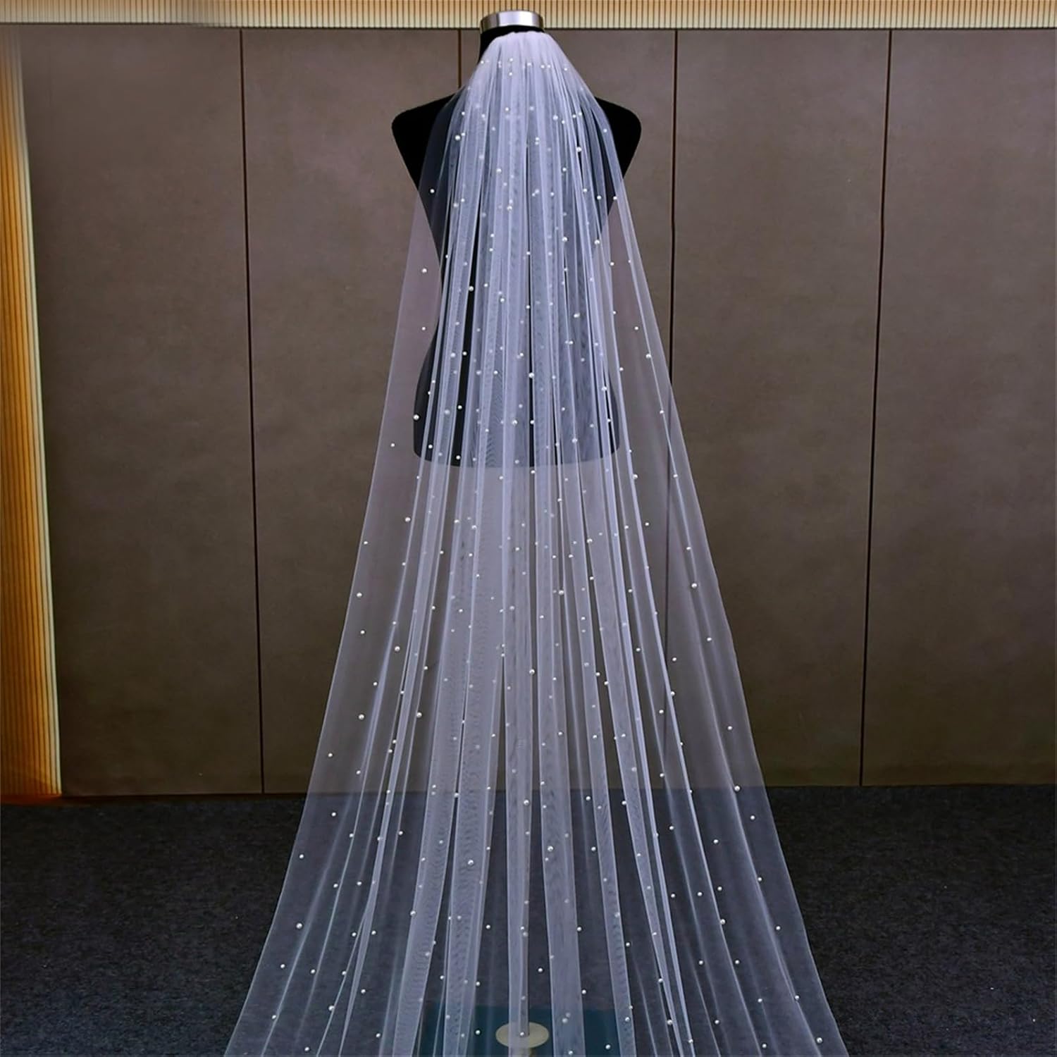 Long Tulle Bridal Veil with Embroidery Pearls Exquisites Beautiful Women for Special Occasion Romantics