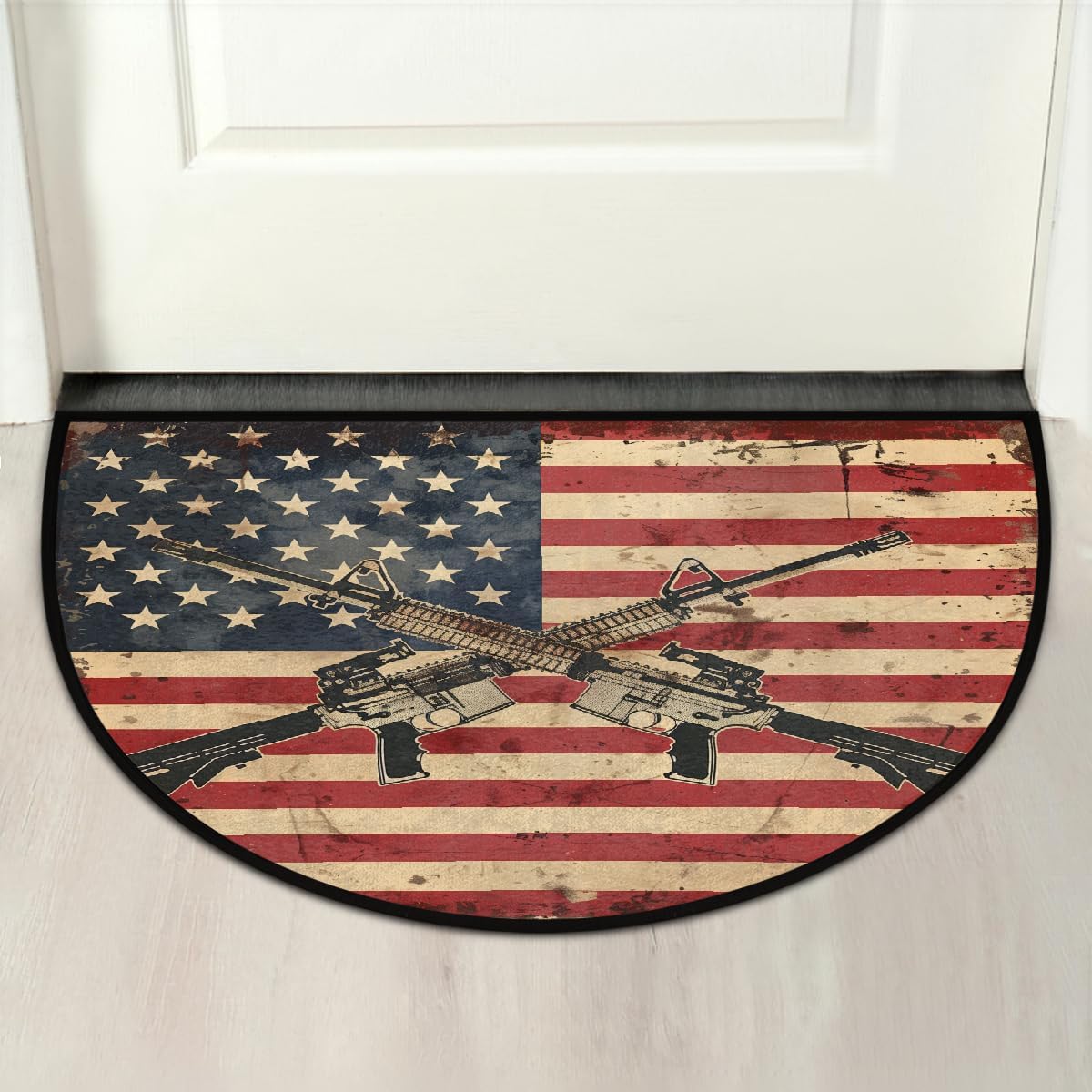 Half Round Door Mat Indoor Entrance 36"x24", Retro American Flag Soldier Gun Super Absorbent Non-Slip Half Circle Doormats for Entryway,Garage,Patio