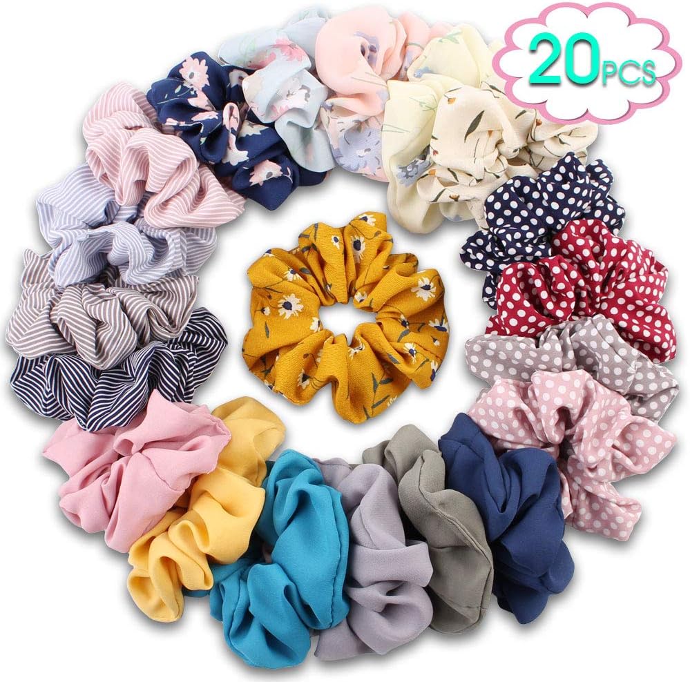 20 Colors JIARON Chiffon Hair Scrunchies for Women, Included 6 Colors Chiffon Flower Hair Scrunchies and 6 Solid Colors Chiffon Hair Ties, 4 Wave pointed and 4 striped hair bow chiffon ponytail holder.