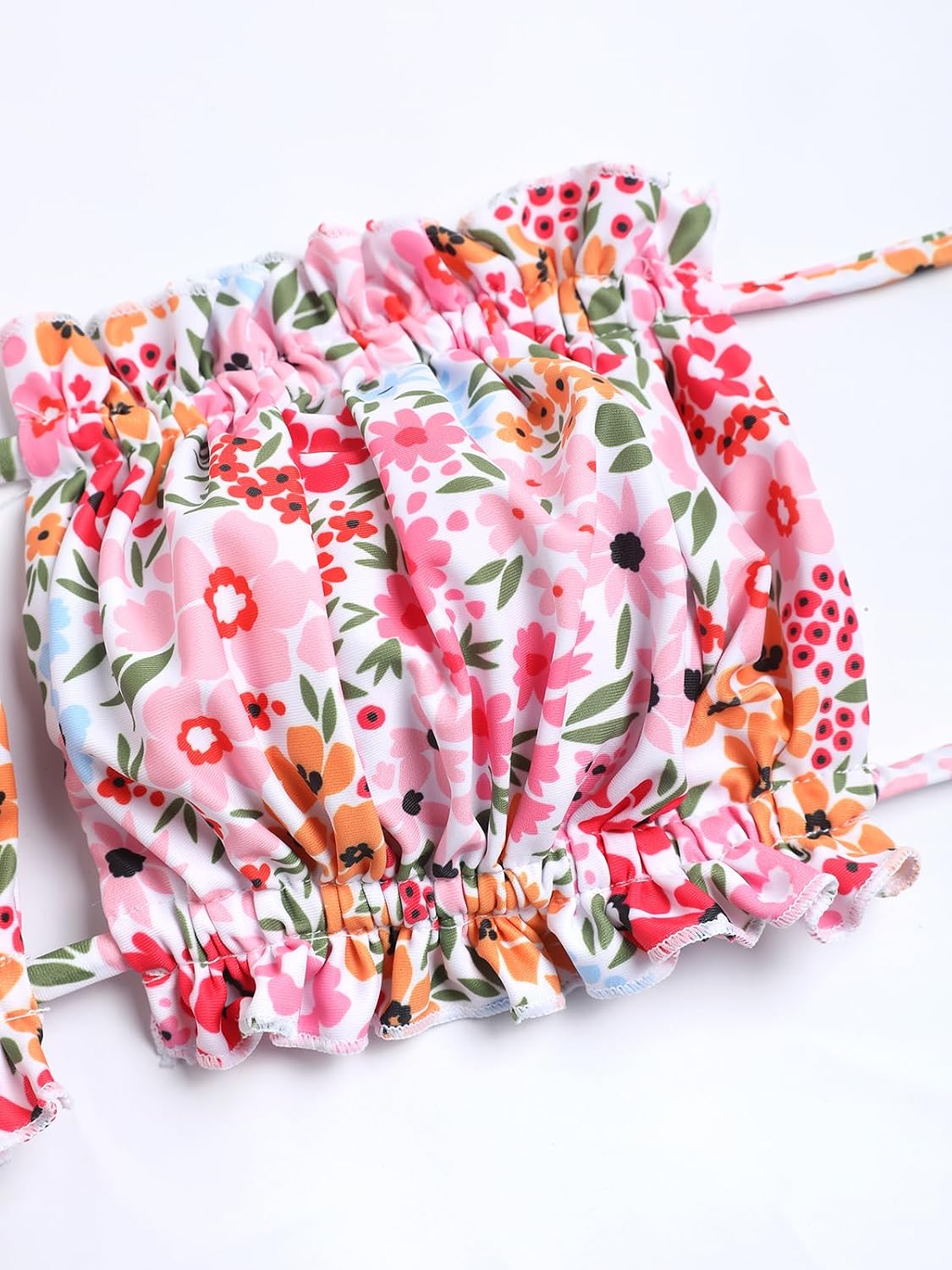 ZAFUL Women 2 Piece Strapless Bikini Swimsuits Ruffle Ribbed Self Tie Bandeau Bikini Set High Cut String Bathing Suits
