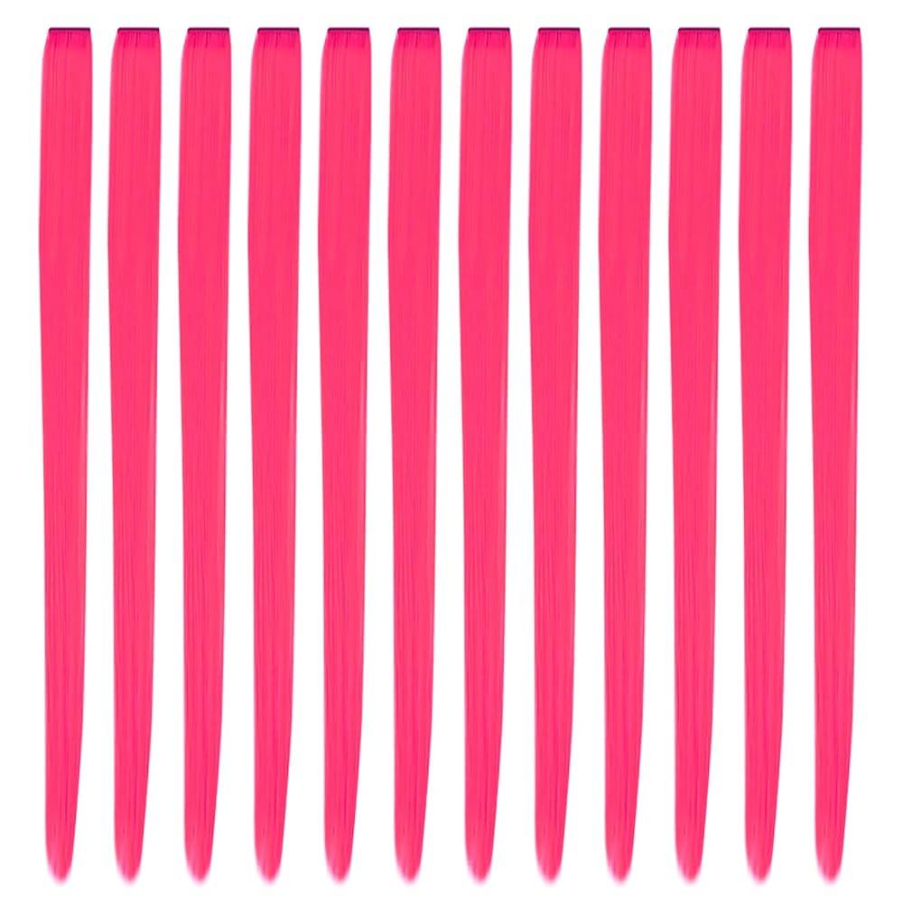 YaFex 12 Pcs Clip in Hair Extensions, 22 Inch Colored Hair Extensions Party Highlights Long Straight Synthetic Hairpieces for Women Kids Girls (Hot Pink)