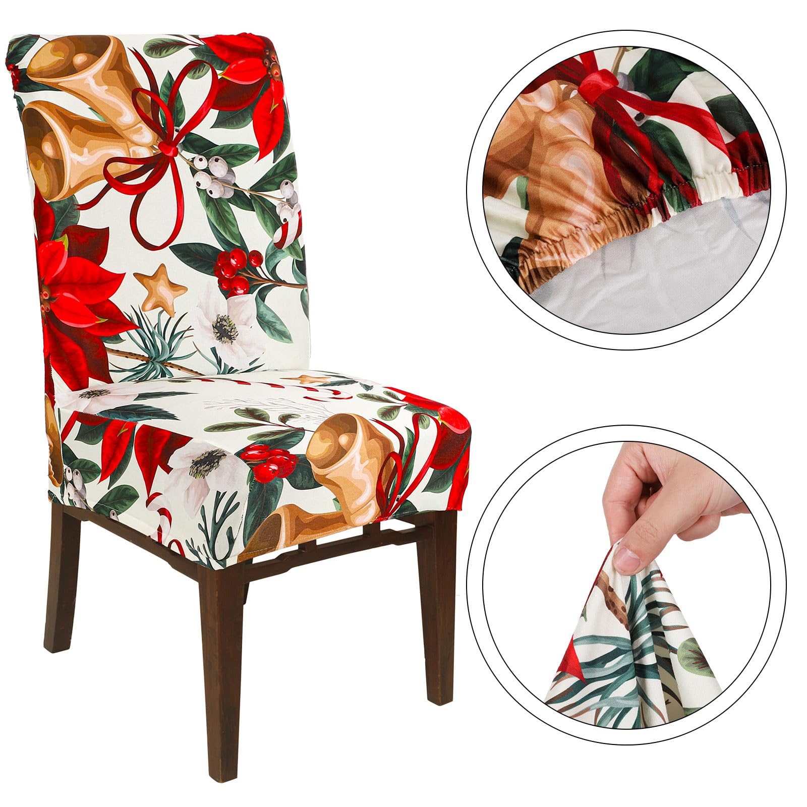 AnyDesign 4Pcs Christmas Chair Slipcovers Vintage Xmas Red Poinsettia Pattern Dining Chair Covers Protector Removable Stretch Elastic Seat Covers for Home Kitchen Living Room Hotel Office