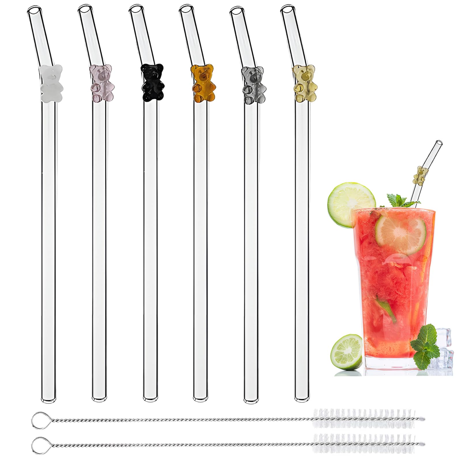 Reusable Glass Straws with Charms, 7.9'' x 8mm Cute Clear Drinking Straws for Smoothies, Coffee, Juice, Milk, Cocktails, Set of 6 Bent and 2 Cleaning Brushes (Colorful Bears) — image 1