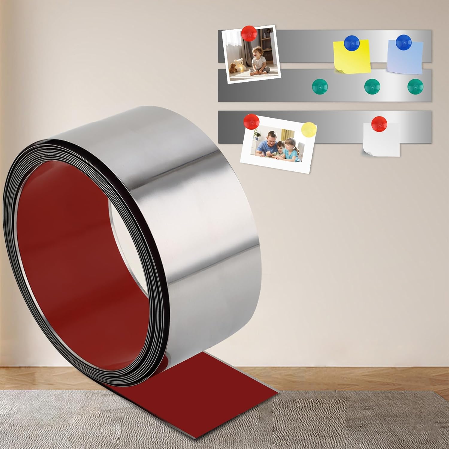 QDYMXUN Self Adhesive Backing Metal Strip for Magnets, Flexible Ferrous Memo Tapes Roll for Bulletin Boards in Studio, Office, School (Glossy Silver, 118''L x 3.15''W)