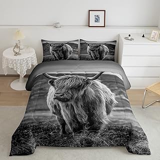 Erosebridal Highland Cow Bedding Set Animal Duvet Sets Queen Size for Kids Boys Adults Man Longhorn Bull Cattle Comforter Sets Rustic Farmhouse Duvet Insert Bedroom Decor 3 Piece