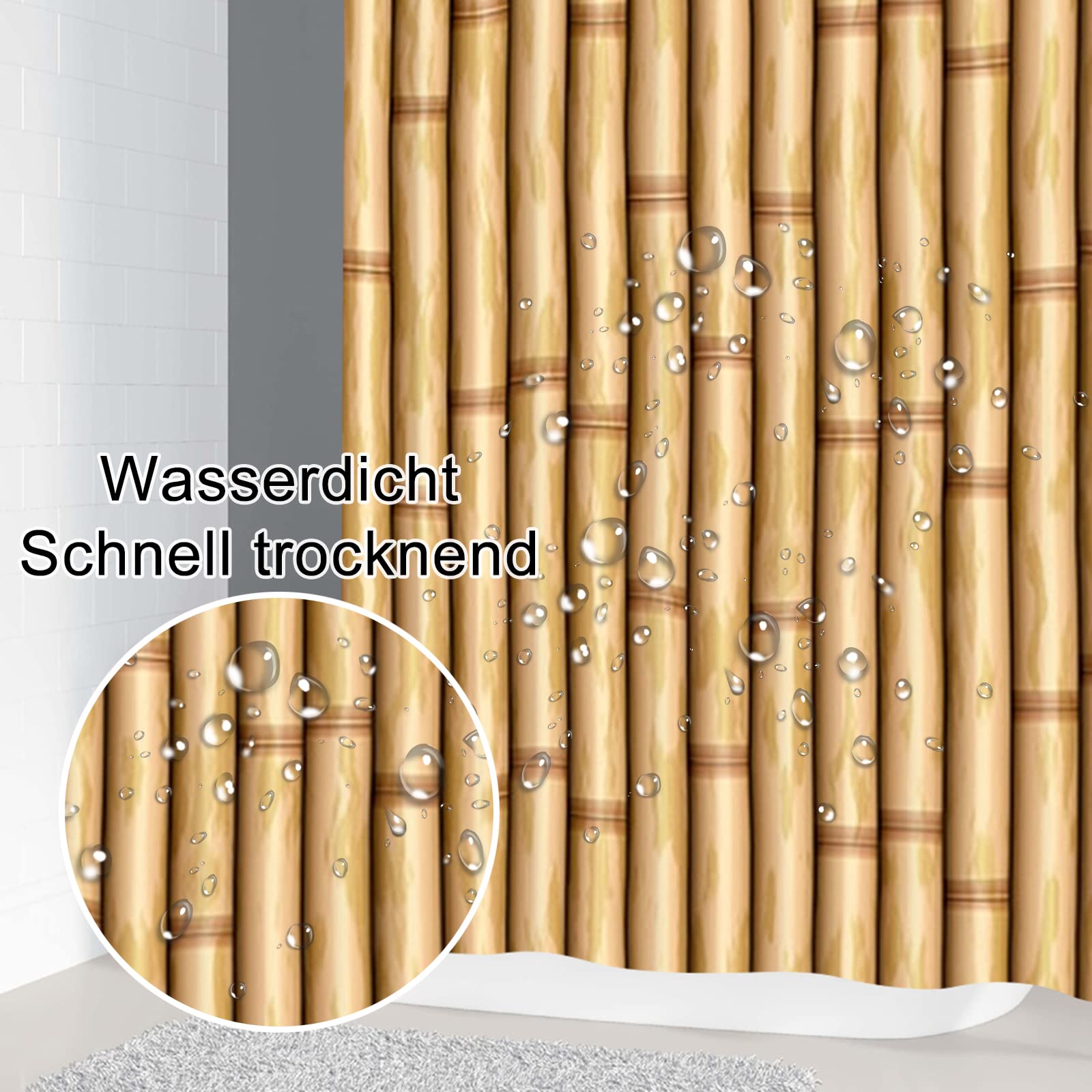 AMDXD Duschvorhang 180x200cm, Verwelkt Bambus Badewannenvorhang aus Polyester Stoff mit 12 Duschvorhangringen, für Badewanne Badezimmer, Waschbar, Schnelltrocknend, Anti-Schimmel, Braun 71X79″
