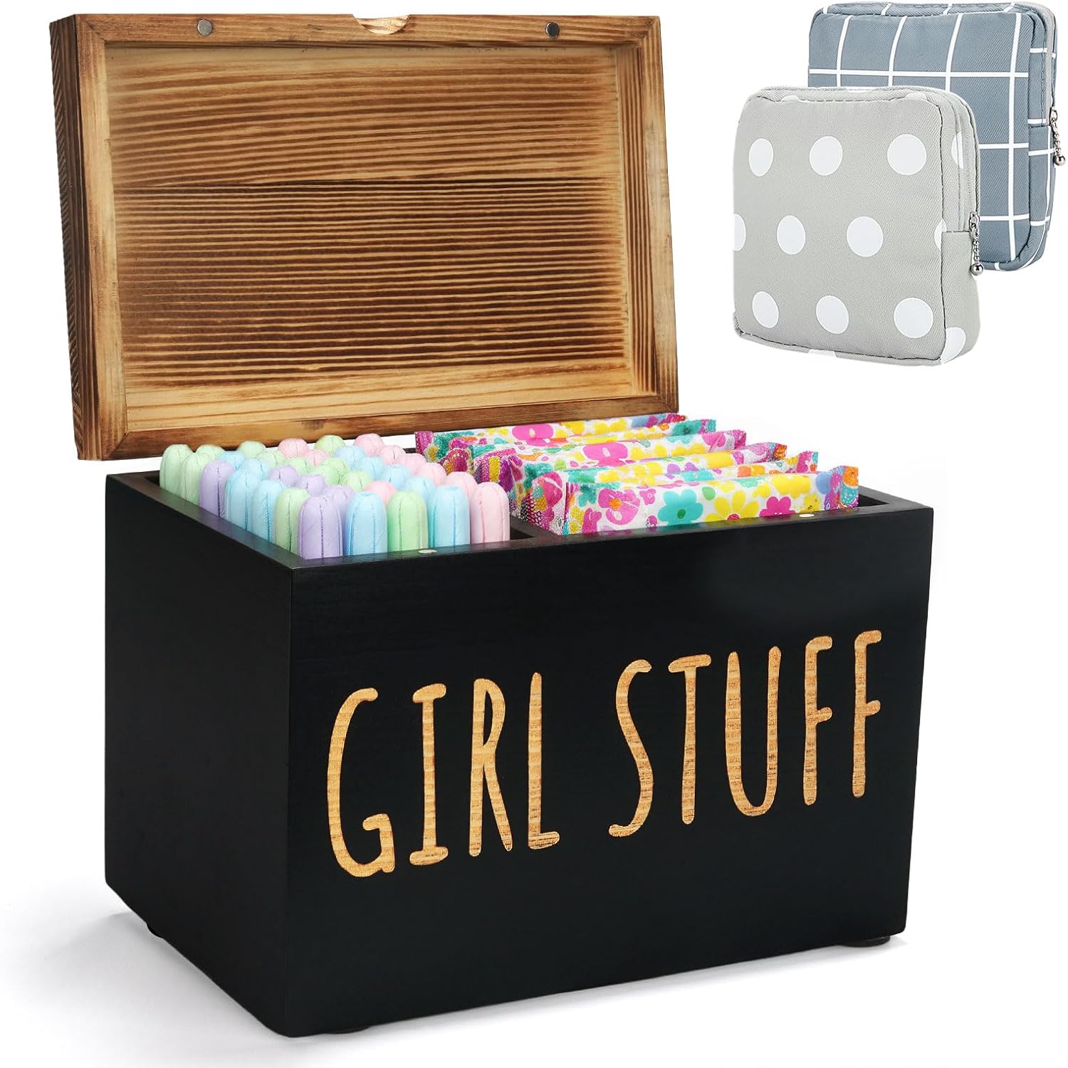 Tampon Holder for Bathroom Wooden Feminine Product Organizer Bin with Lid 2 Pieces Portable Sanitary Napkin Storage Bag Organizer Girl Stuff Box for Bathroom Decor Accessories
