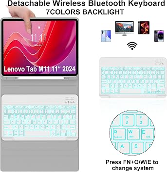 for Lenovo Tab M11 / K11 LTE 2024 11 Inch Keyboard Case Backlit Pen Holder | 7 Color Backlit, Magnetic Detachable Wireless Bluetooth, Pencil Holder, Lightweight, Stain Resistant Cover, Rechargeable