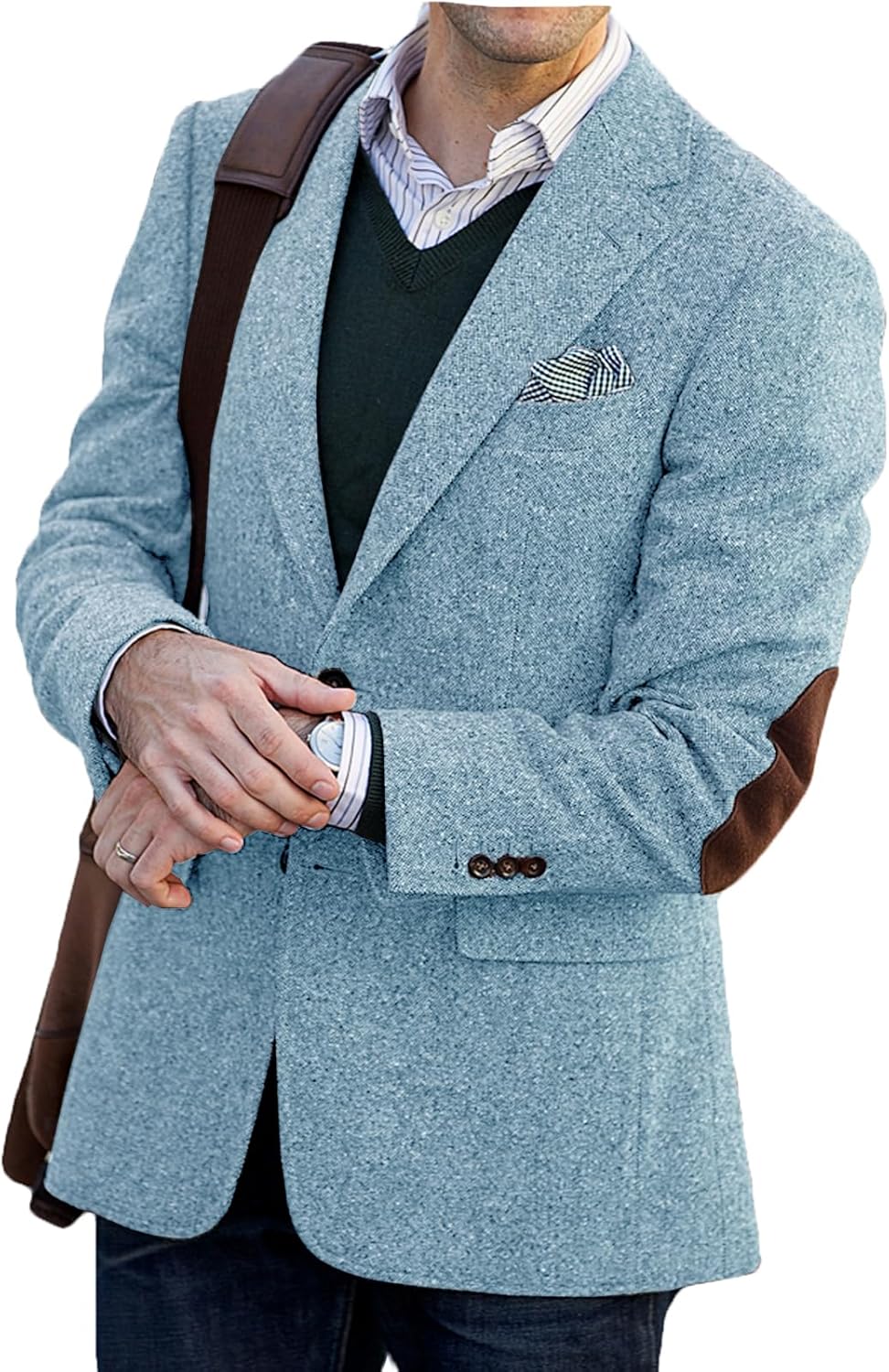 VENNYNG Men's Tweed Blazer Suit Jacket with Elbow Patches Autumn Blazer Male Vintage Short Trench Coat