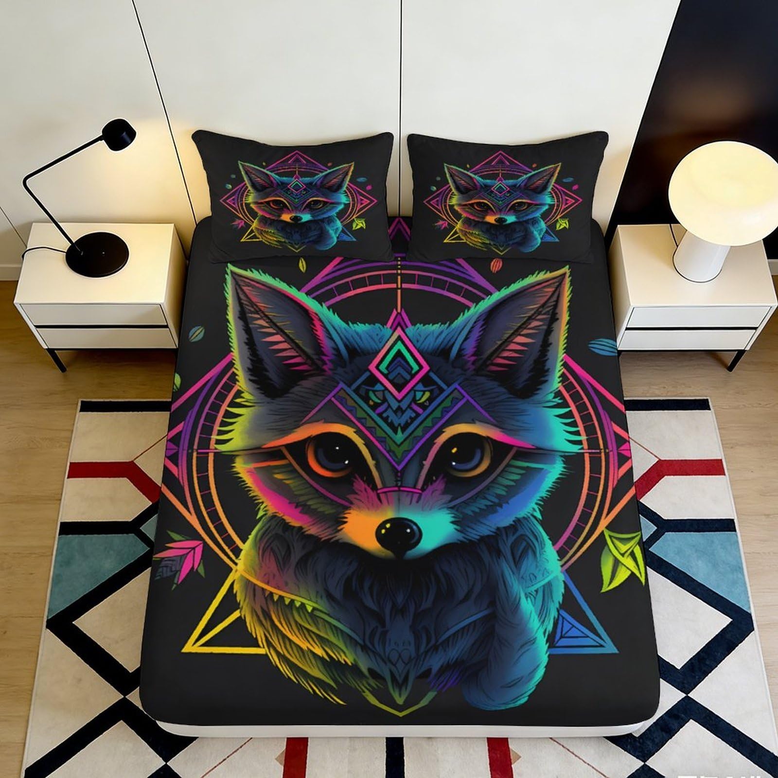Pnayamiorkfel Style-1 3D Printed Neon Fox Fitted Sheet Microfiber Deep Colourful Geometric Animal Bed Cover For Bedroom Guest Room Decor 90X200x25cm