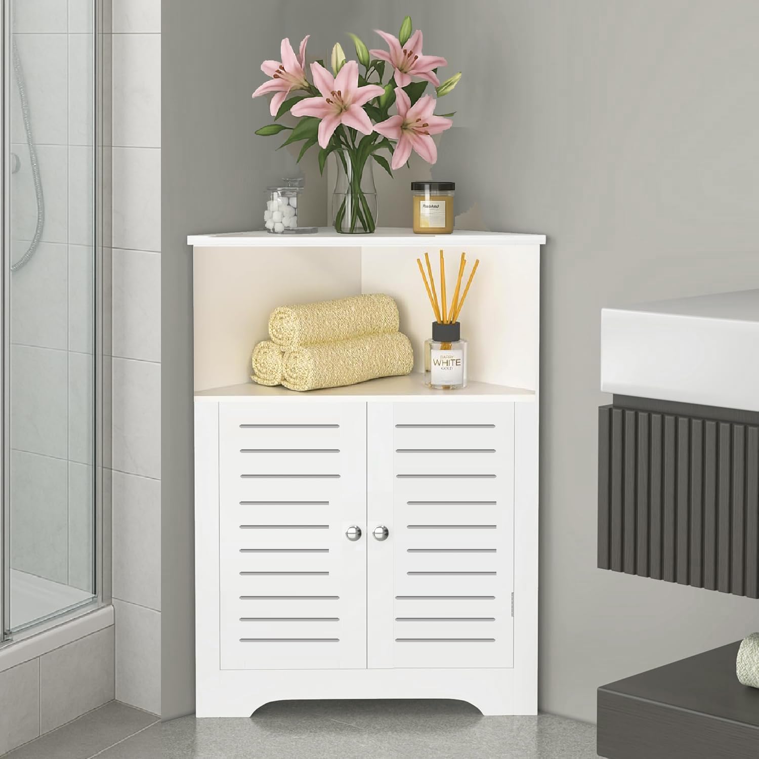 TuoxinEM Bathroom Corner Storage Cabinet, Small Floor Corner Shelves with Doors