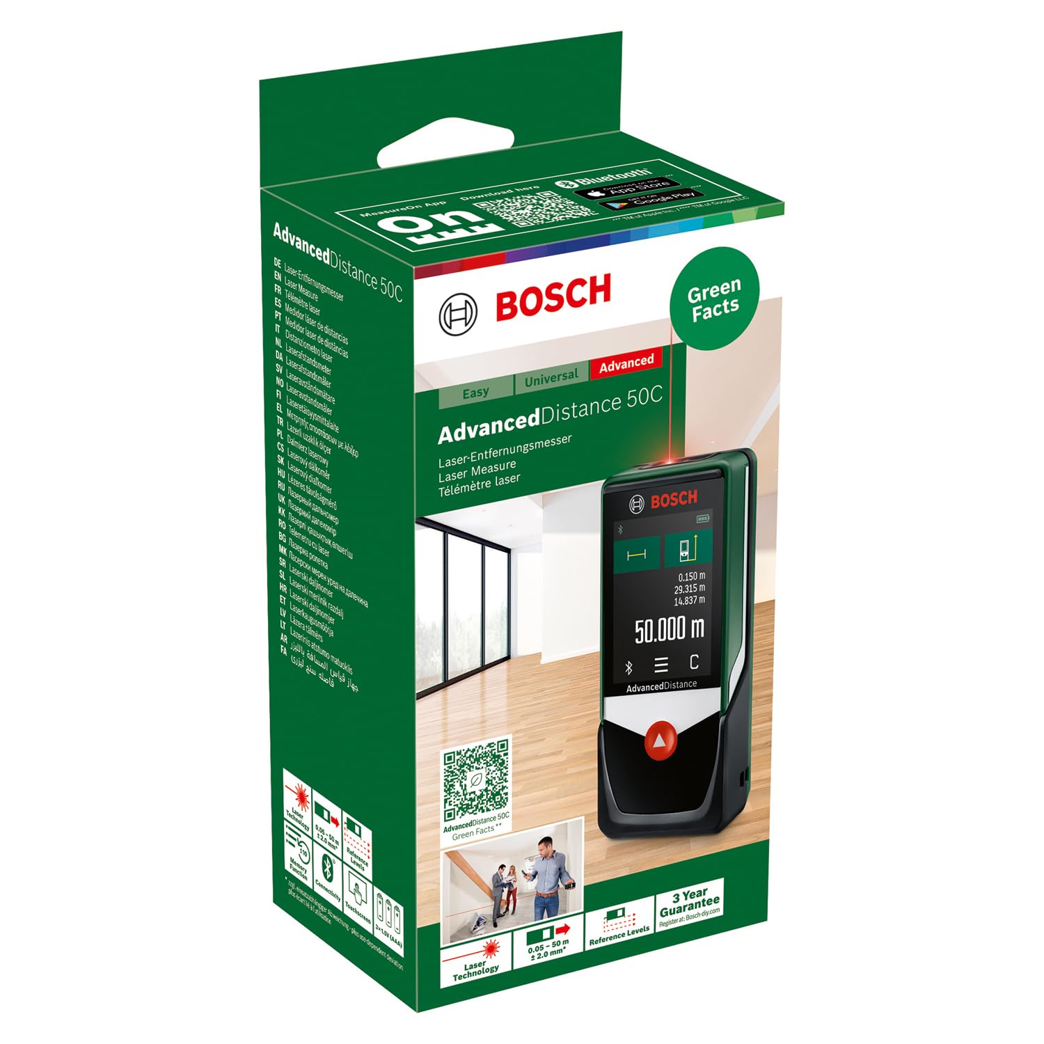Bosch AdvancedDistance 50C distanziometro laser (misura distanze con precisione fino a 50 m, display touch, funzioni di misurazione con assistenza integrata, in cartone)
