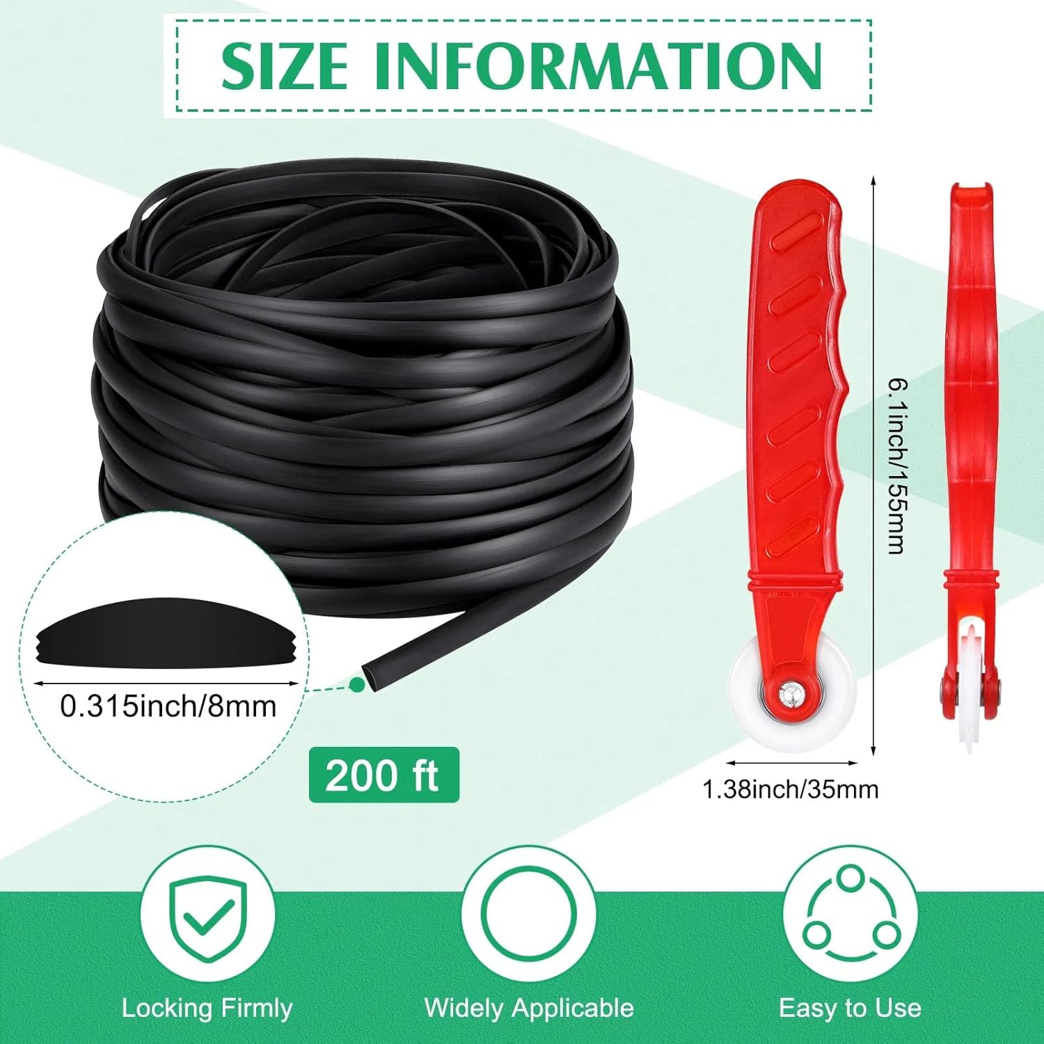 LEIFIDE Flat Screen Spline 0.315 Width Vinyl Window Screen Spline with Rolling Tool Black Flat Bottom and Curved Top Edge Repair Kit for Installing Window Patio Door(200 ft)