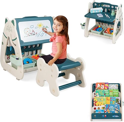 GLACER Caballete de arte para niños 3 en 1 con taburete, pizarra magnética de borrado en seco de doble cara, estante para libros de varias capas, 2
