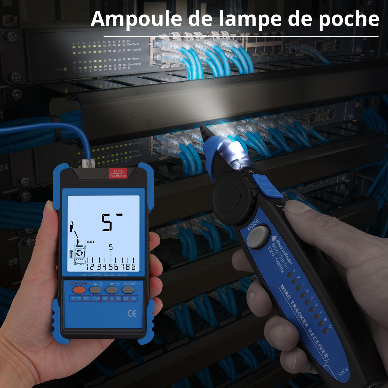 Testeur de Câble Réseau RJ45 RJ11 avec Écran LCD, Détecteur de Câble Fonction PoE & NCV Détecteur de Ligne Continuité Traqueur de Fil Multifonction pour CAT5 CAT6 CAT7 CAT8