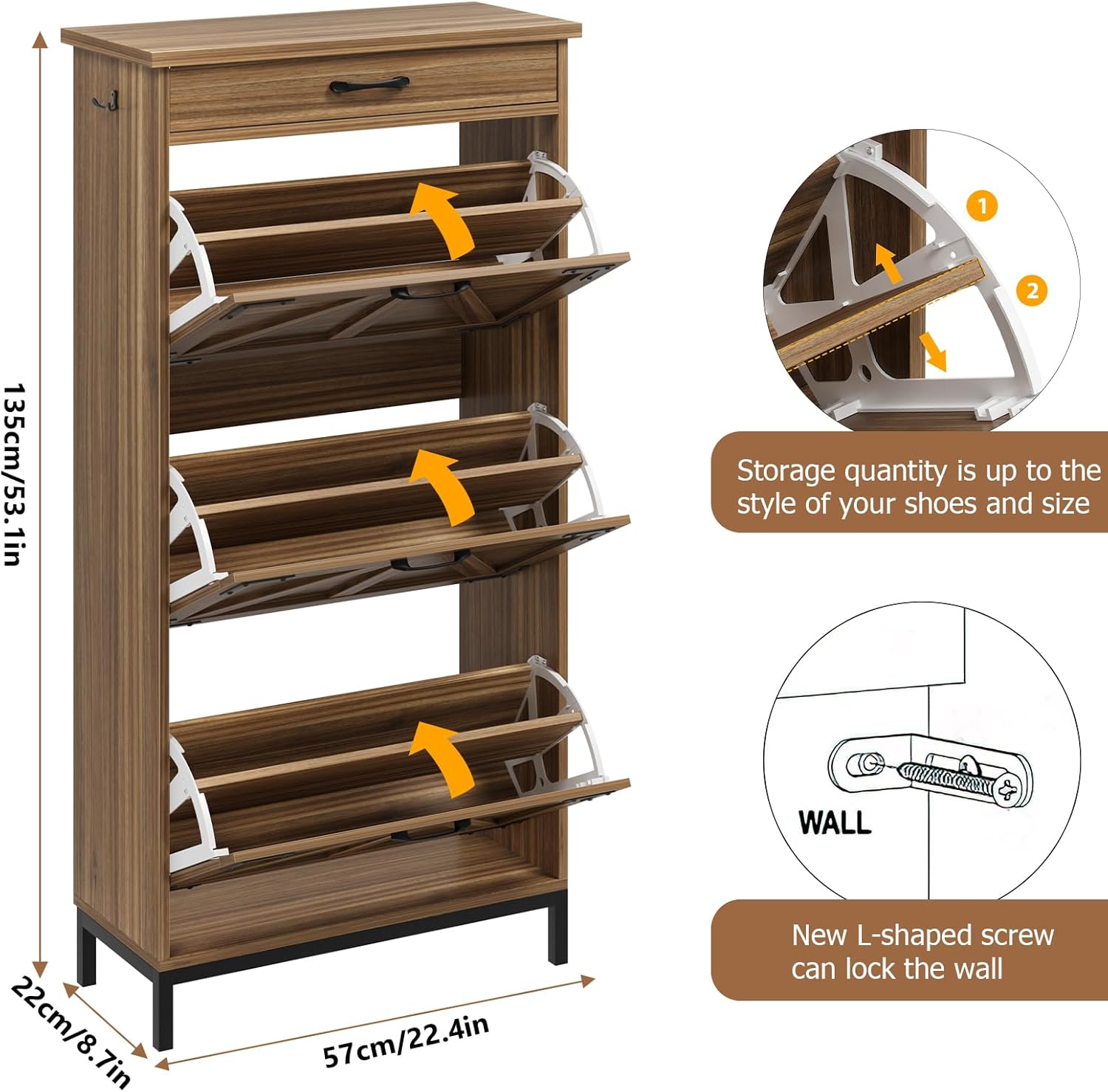 Jocoevel C-0601 Shoe Cabinet Dimensions and Anti-Tipping Mechanism