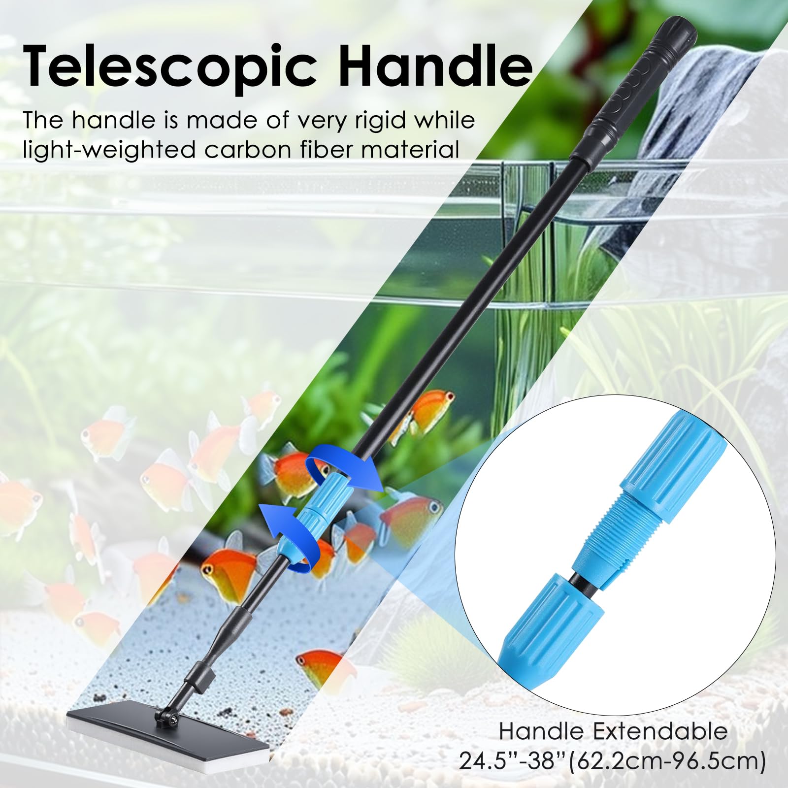 AquaMiracle Kit 6 in 1 multifunzione per la pulizia dell'acquario con manico telescopico in fibra di carbonio, raschietto per alghe, dischetti per la pulizia, pulizia del tubo, rete per pesci e ghiaia