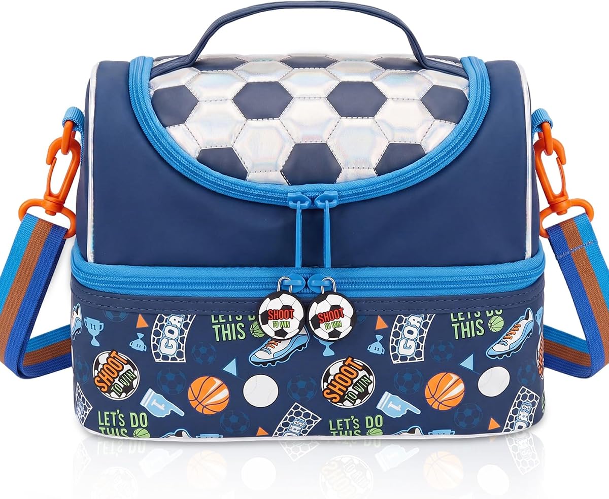 Kids Double Decker Cooler Insulated Lunch Bag, Back to School Large Meal Tote for Boys, Girls, Men, Women, with Adjustable Strap, Soccer