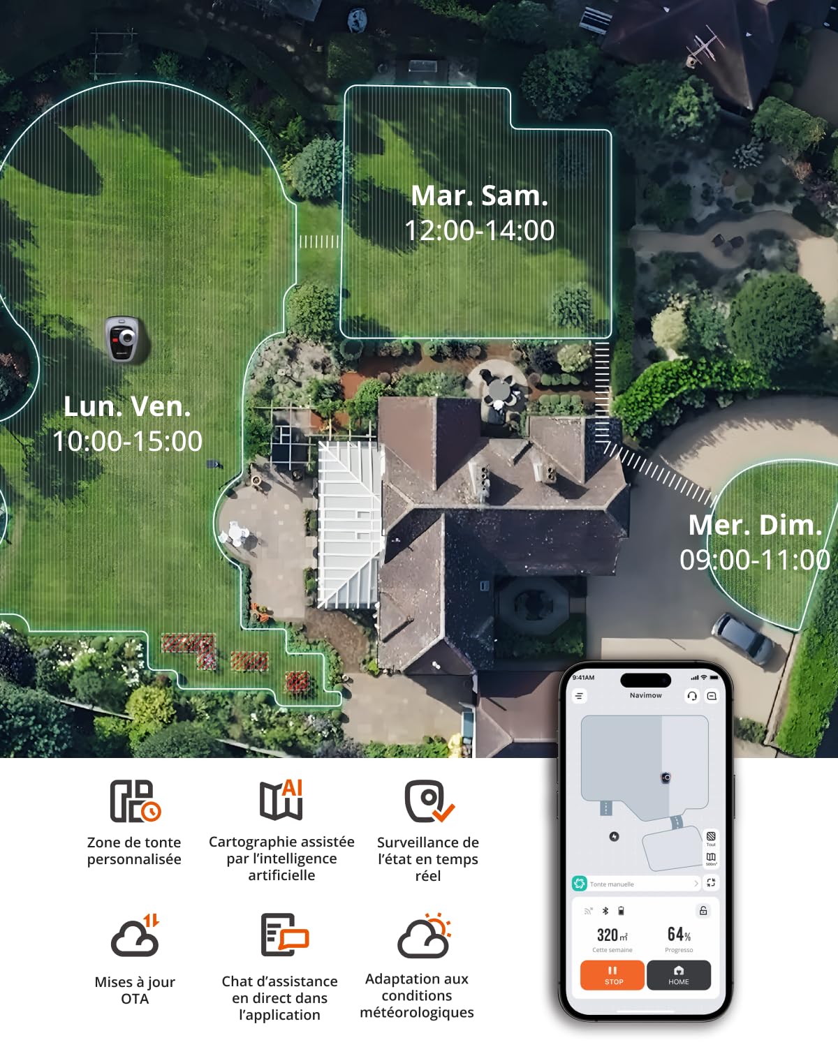 Segway Navimow i105E Robot Tondeuse sans Fil périphérique, Recommandé 500 m², Max. 600 m², RTK+Vision Tondeuse Robot Gazon, IA cartographie Automatique, Limite virtuelle, Gestion multizone