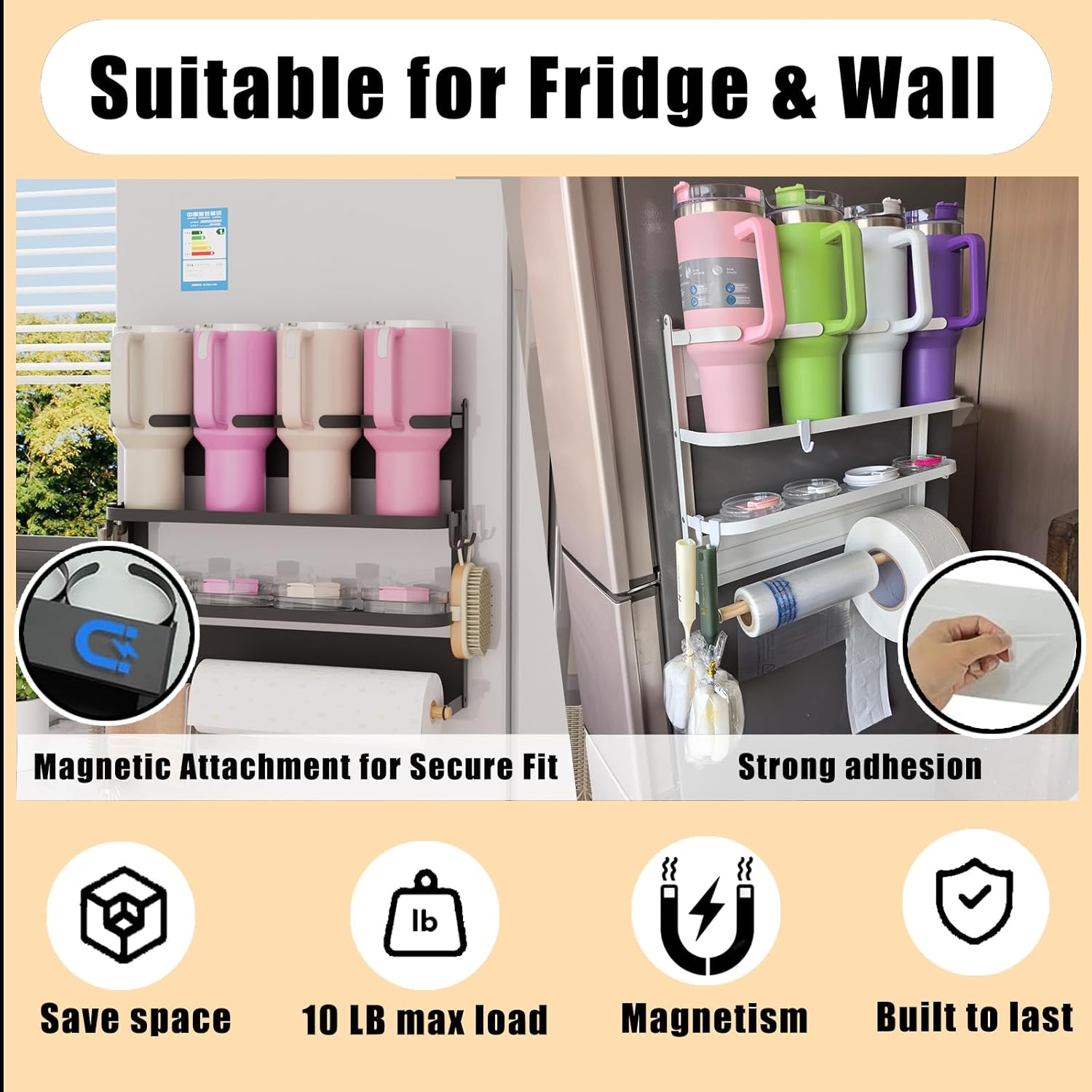 Magnetic Stanley Cup Holder for Fridge, Triple Folding 4 Cup Stanley Cup Holder Magnetic, Magnetic Water Bottle Holder with 2 Strong Double Sided Tape, Magnetic Cup Holder with Hook Fits 40 oz Mugs