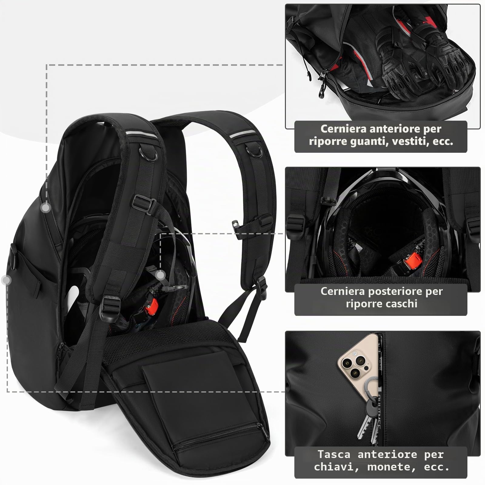 OUUTMEE Zaino da Moto, Zaino per Casco Impermeabile per Uomini e Donne con Fascia Riflettente, Nero , Petit - 21 x 34.3 x 49CM, Borsa da viaggio