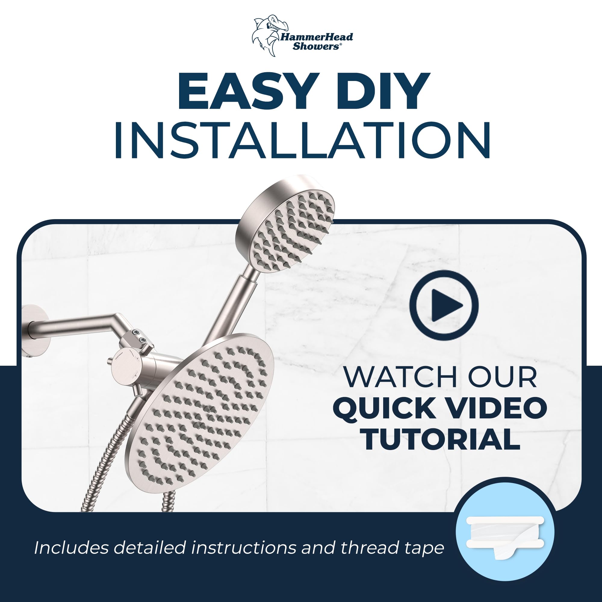 HammerHead Showers ALL METAL Dual Head Combo – BRUSHED NICKEL - 8 Inch Rainfall High Flow Head & Handheld Head High Pressure with Hose 6ft - Luxurious Double Heads with Rain Sprayer