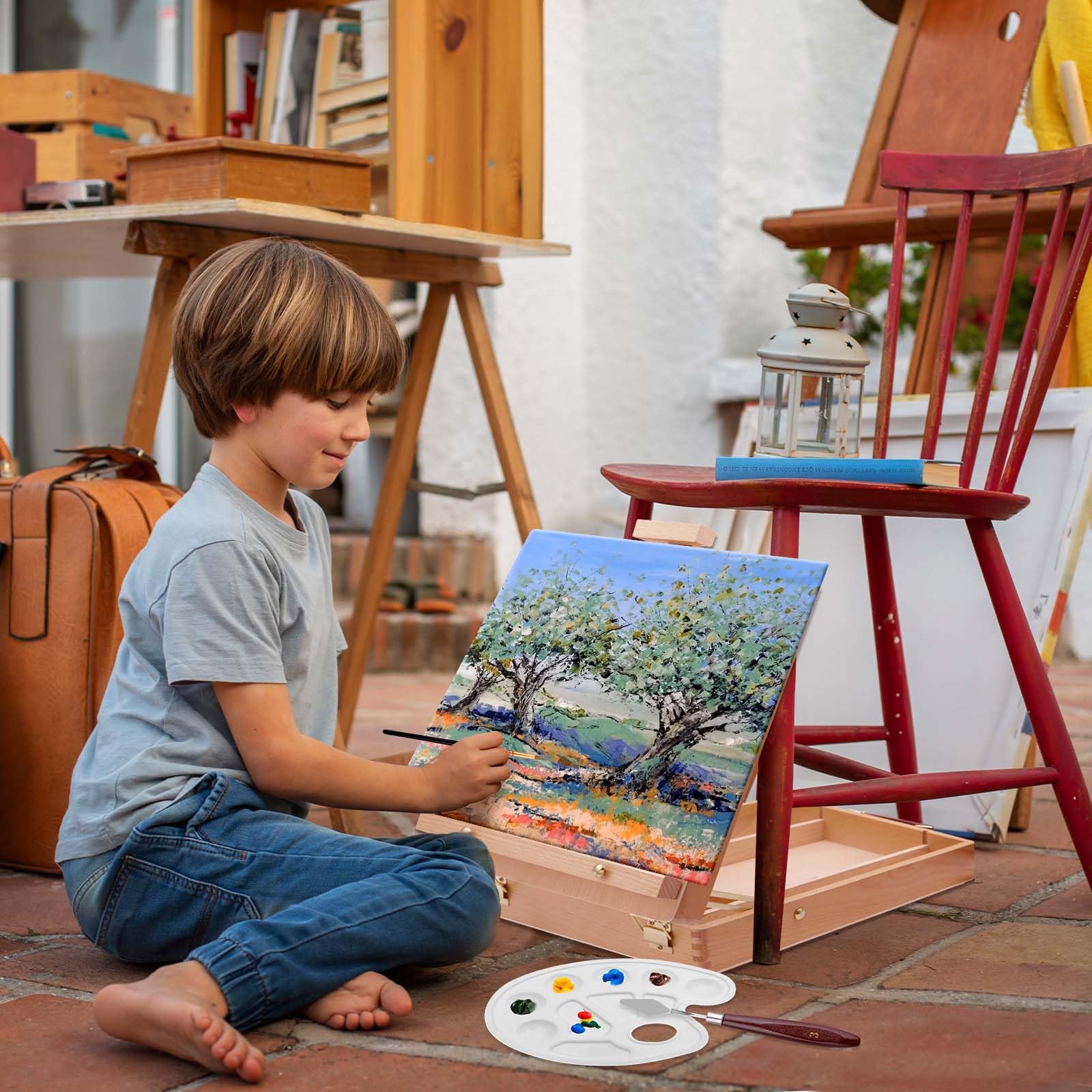 UCAMP Cavalletto Pittura,Cavalletto da Tavolo,Set di pittura acrilica da 44 pezzi,24 colori acrilici,12 pennelli,Spatola, Grembiuli,Tavolozza Colori e Tela A4,per Professionisti e Hobbisti