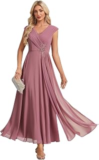 Ever-Pretty Women's Chiffon V-Neck A-line Maxi Formal Wedding Guest Dress | Cap Sleeve, Ruffle, Mother Of The Bride Dresses, Pleated, Applique, Semi-Formal Dress