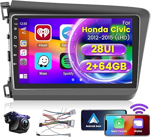 Roinvou 2G+64G Radio de coche para Honda Civic 2012-2015 (LHD) con Carplay inalámbricoAndroid Auto, 9 pulgadas Android 13 IPS pantalla táctil