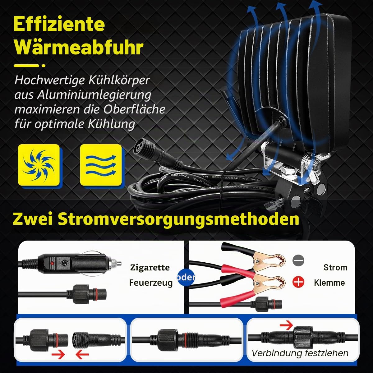 12V tragbare LED-Arbeitsleuchte mit Befestigungsklemme, Bootsleuchte mit zwei Stromversorgungsmöglichkeiten (Zigarettenanzünder und Klemme), LED-Streuerkapsel 48W 12V Marine-Leuchten Trucks, 4X4