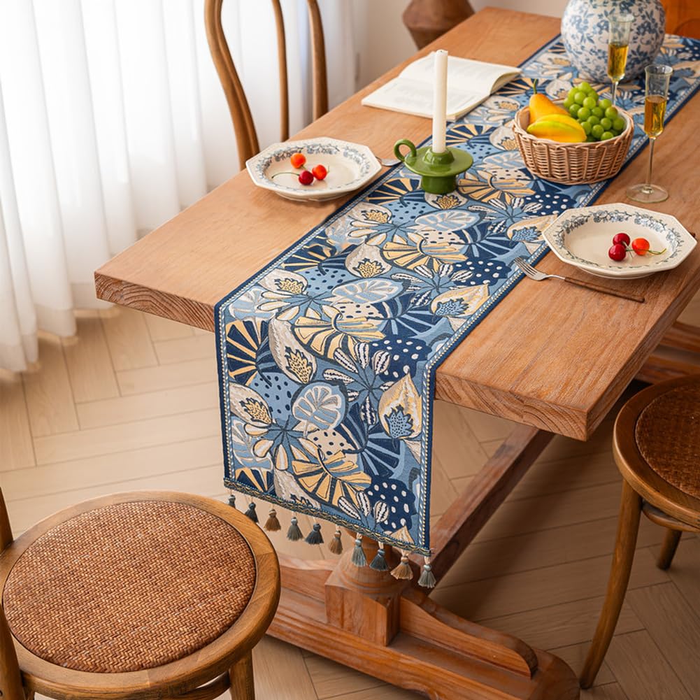 Elegante tavolo jacquard per runner con nappe per feste stagionali, poliestere blu lino per sala da pranzo (35 x 120 cm blu)
