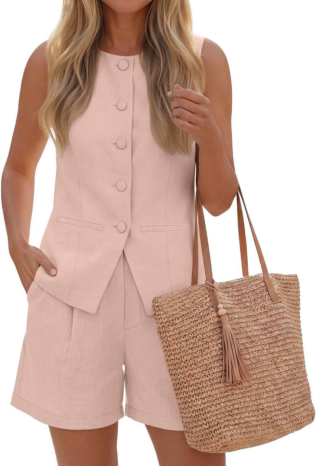 Womens Summer 2 Piece Blazer Sets Button Vest Waistcoat and Pockets Shorts for Teacher Business Suits Outfits