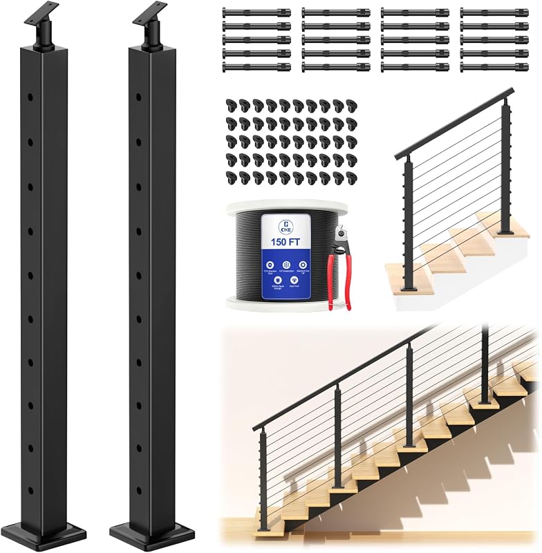 CKE 5-10ft Complete Set 36" Stair Cable Railing Post Kit (35"x2"x2") for 25°-35° Stair, 2 Pack Stair Cable Posts, 150ft 1/8" Wire Rope, Black Swageless Invisible Cable Railing System DIY Kit SPS01
