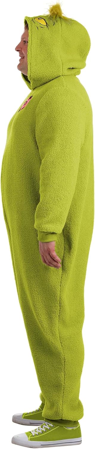 Adult Plus Size Grinch Costume Jumpsuit | Attached Hood w/Embroidered Face | Christmas Holiday Outfit for Men and Women