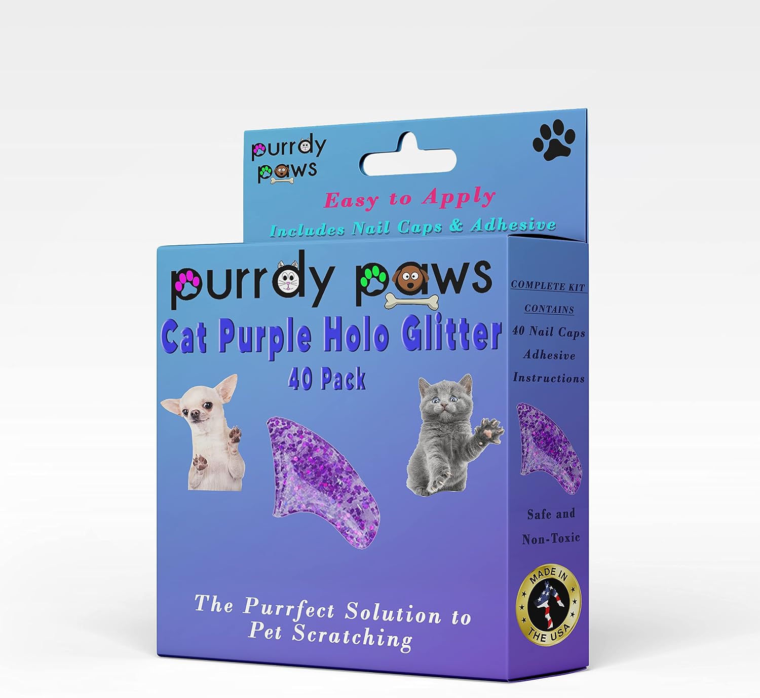 Purrdy Paws 40 Pack Soft Nail Caps for Cat Claws Purple Holographic Glitter Large